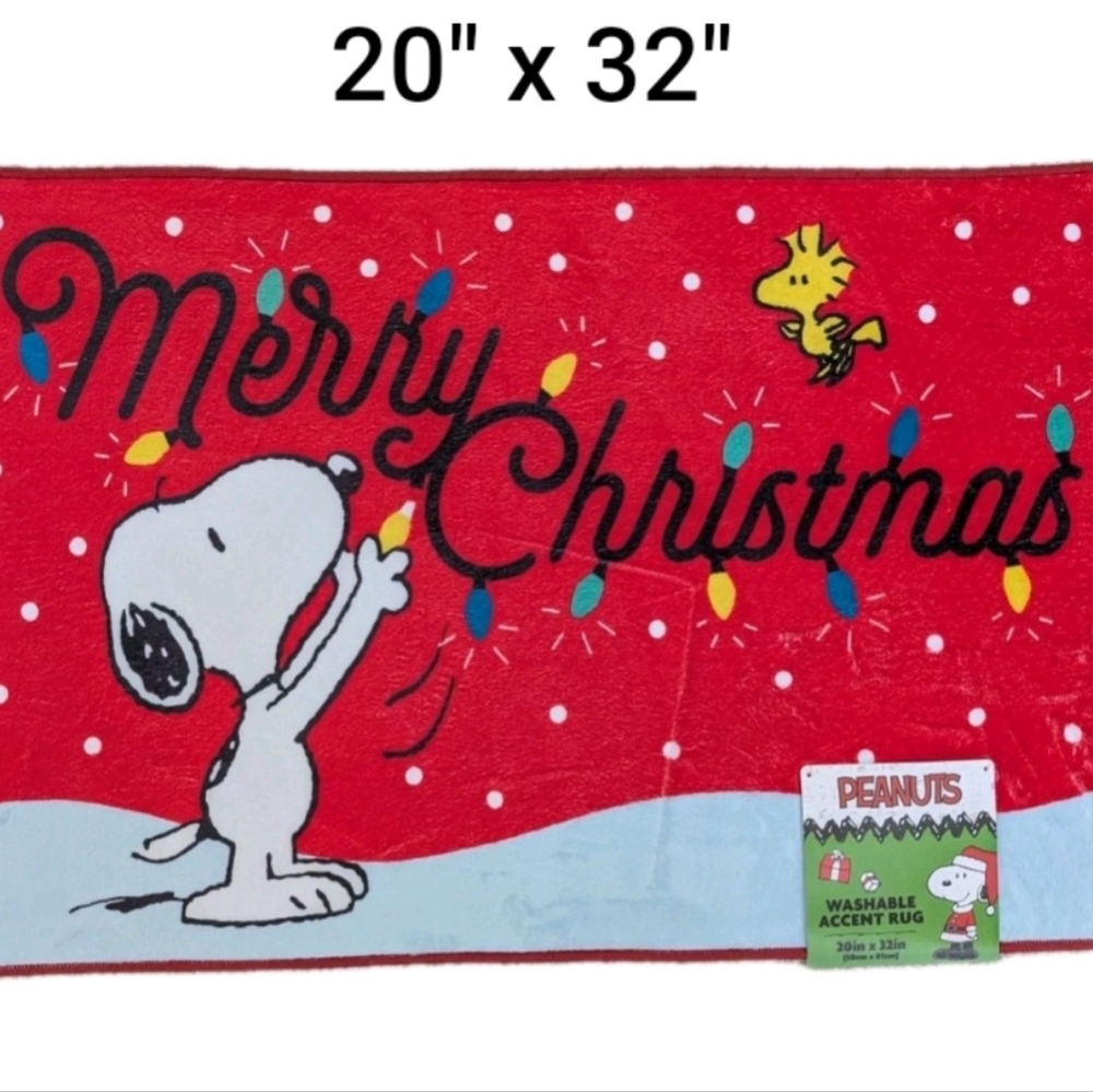 NWT PEANUTS Snoopy Merry Christmas Washable Rug Door Mat 20"x32" Bright Red